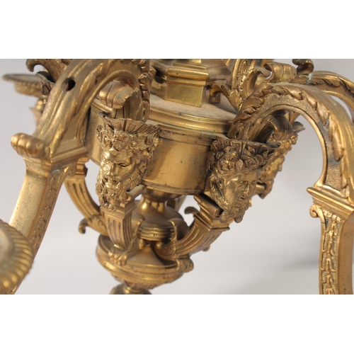 1236 - A SUPERB GILT BRONZE SIX LIGHT CHANDELIER after ANDRE CHARLES BOULLE, with masks, acanthus scrolls a... 