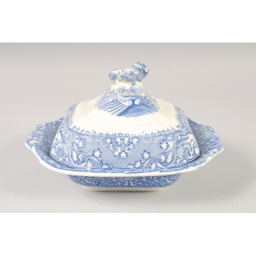 1237 - A BLUE AND WHITE SQUARE PORCELAIN TUREEN AND COVER. and a small pair of blue and white vases.