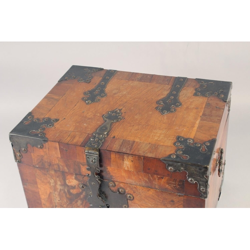 1240 - A GOOD 18TH CENTURY BRASS BOUND WALNUT BOX with iron banding and handles. 15ins wide x 12 ins deep x... 