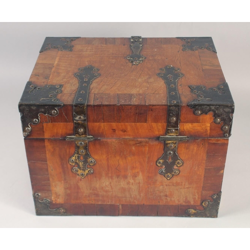 1240 - A GOOD 18TH CENTURY BRASS BOUND WALNUT BOX with iron banding and handles. 15ins wide x 12 ins deep x... 