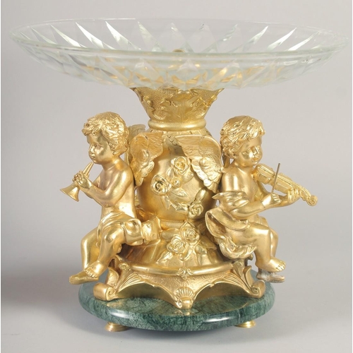 1279 - A VERY GOOD PAIR OF GILT BRONZE COMPORTS with gilt bowls and cupid supports.