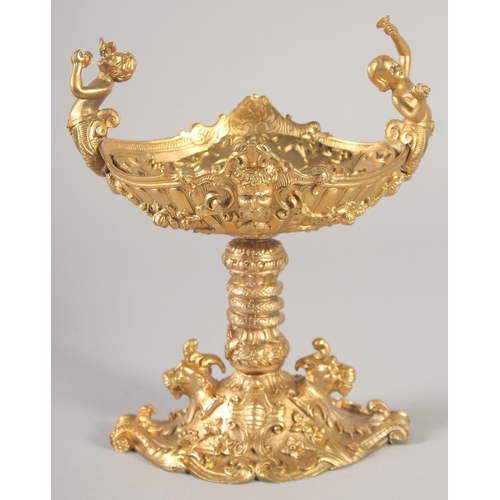 1285 - A GOOD GILT BRONZE CUPID PEDESTAL SALT.