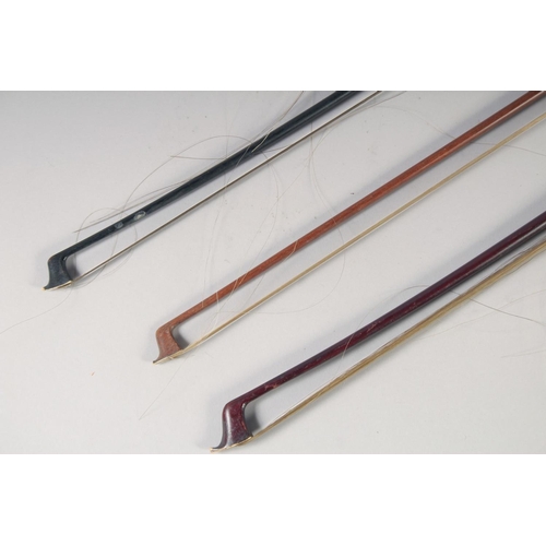 1300A - THREE CELLO BOWS. Length approx. 28 inches