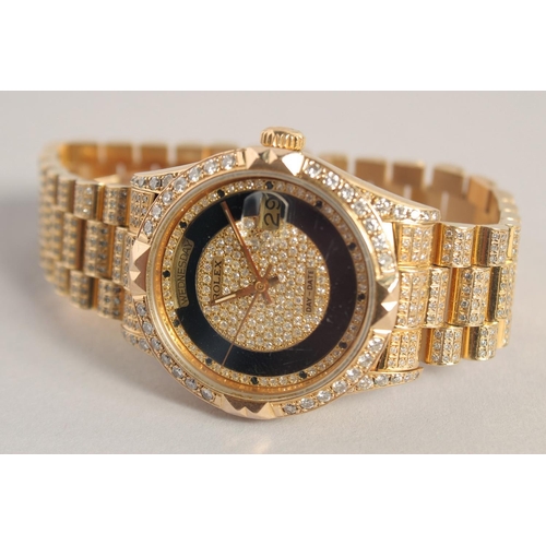 1351 - A SUPERB 18K GOLD DIAMOND SET DAY DATE WRISTWATCH, complete with invoice account from Watches of Swi... 