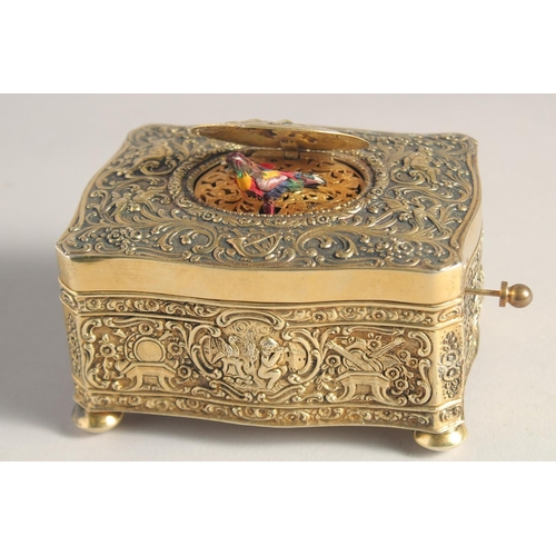 1355 - A SUPERB 19TH CENTURY GERMAN SILVER.925 SINGING BIRD BOX, the case decorated with scrolls and cupids... 