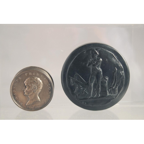 1366 - A NAPOLEON CIRCULAR BOX, 3ins diameter and a METAL BONAPARTE BOX AND COVER, 2ins diameter. (2).