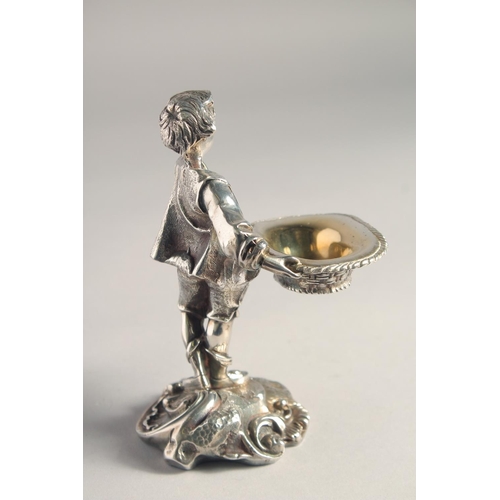 1370 - A PAIR OF SILVER PLATED YOUNG BOY AND GIRL SALTS both carrying baskets. 5.5ins high.