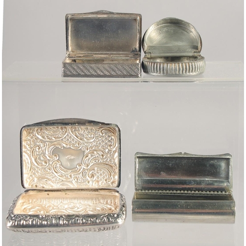 1384 - THREE WHITE METAL SNUFF BOXES AND A ROUND SNUFF BOX. (4).