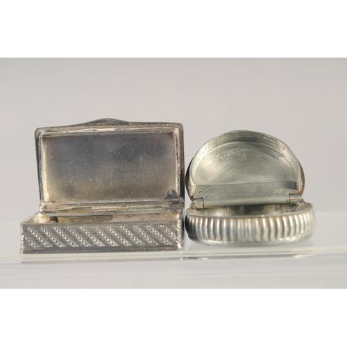 1384 - THREE WHITE METAL SNUFF BOXES AND A ROUND SNUFF BOX. (4).