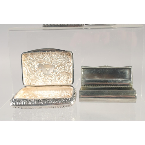 1384 - THREE WHITE METAL SNUFF BOXES AND A ROUND SNUFF BOX. (4).