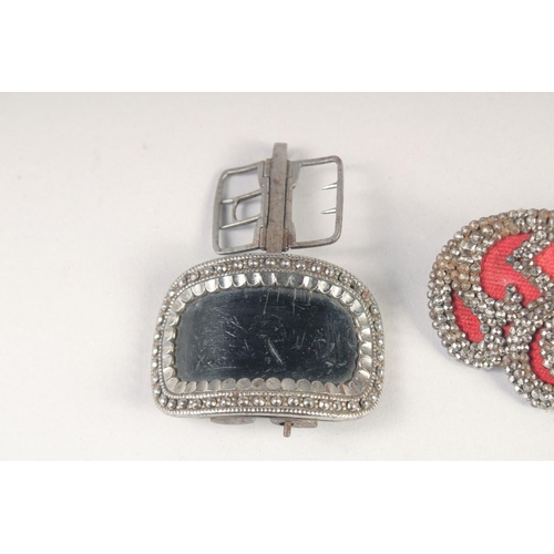 1387 - A PAIR OF GEORGIAN SHOE BUCKLES AND A FILIGREE BUCKLE.