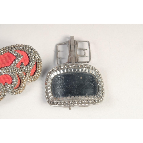 1387 - A PAIR OF GEORGIAN SHOE BUCKLES AND A FILIGREE BUCKLE.