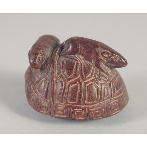 1394 - A CARVED WOOD TURTLE AND RATS NETSUKE. 1.5ins.