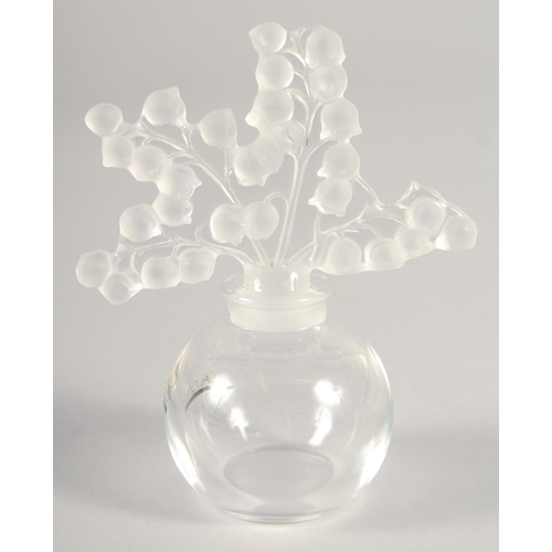 1423 - A GOOD LALIQUE GLASS SCENT BOTTLE with harebells stopper Etched Lalique, France. 4.25ins.