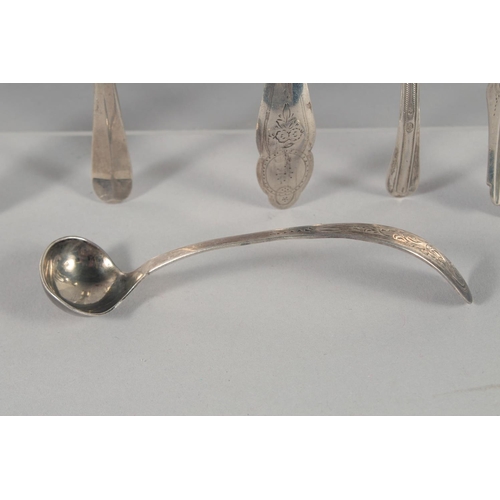 1443 - SIX SILVER CADDY AND MUSTARD SPOONS.