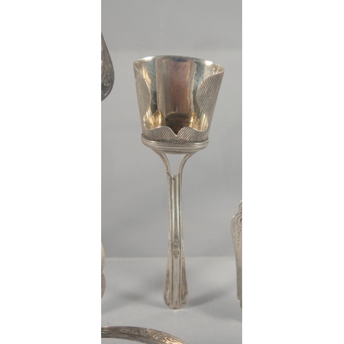 1443 - SIX SILVER CADDY AND MUSTARD SPOONS.