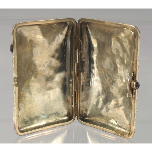 1454 - A RUSSIAN SILVER AND CHAMPLEVE ENAMEL CIGARETTE CASE. 11cm x 7cm.