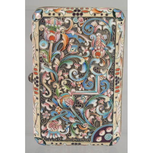 1454 - A RUSSIAN SILVER AND CHAMPLEVE ENAMEL CIGARETTE CASE. 11cm x 7cm.