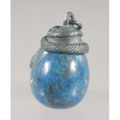 1456 - A SILVER MOUNTED LAPIS EGG SHAPED PENDANT. 3cm high.