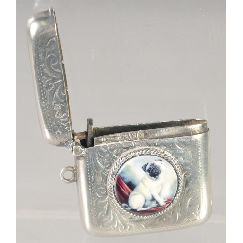 1476 - AN EDWARD VII SILVER VESTA CASE with an oval enamel of a pug dog. 1.5ins x 1.25ins. Chester 1918.... 