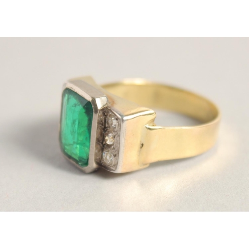 1553 - AN 18CT GOLD EMERALD AND DIAMOND RING, central Columbian emerald, 4ct, with three diamonds on each s... 