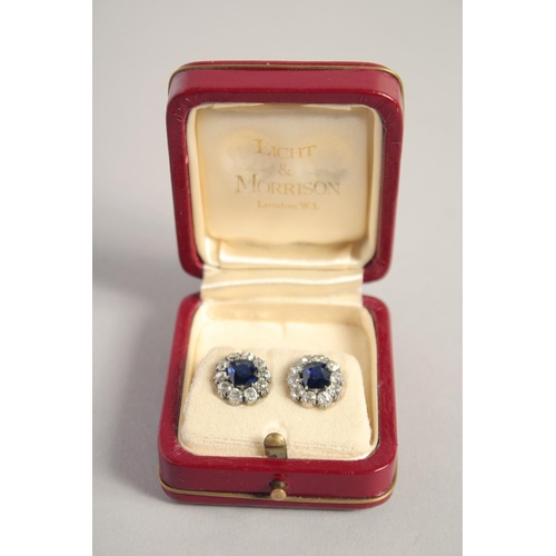 1560 - A SUPERB PAIR OF EDWARDIAN NATURAL SAPPHIRE AND DIAMOND SET OVAL CLUSTER EARRINGS.