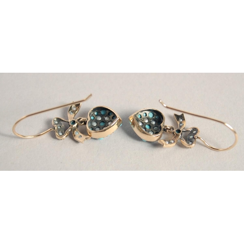 1590 - A PAIR OF 9CT GOLD TURQUOISE AND PEARL HEART SHAPED EARRINGS.