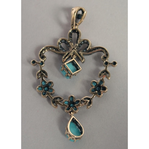 1593 - A 9CT GOLD TURQUOISE AND PEARL PENDANT.