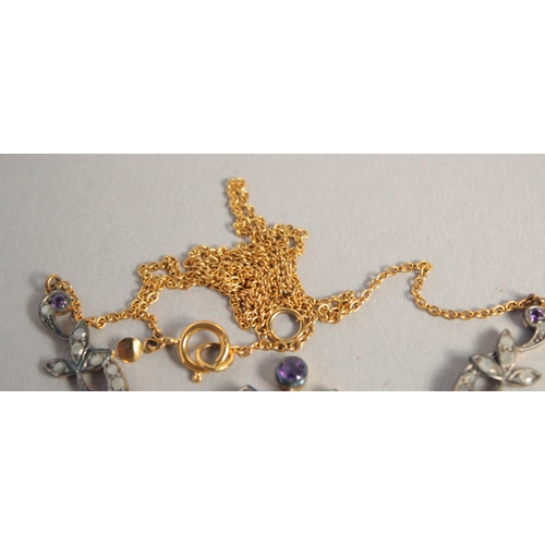 1594 - A 9CT GOLD AND SILVER AMETHYST AND DIAMOND NECKLACE.