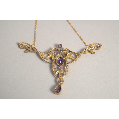 1594 - A 9CT GOLD AND SILVER AMETHYST AND DIAMOND NECKLACE.