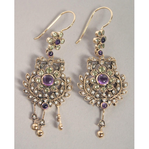 1600 - A GOOD PAIR OF 9CT GOLD AMETHYST, PERIDOT AND PEARL DROP EARRINGS.