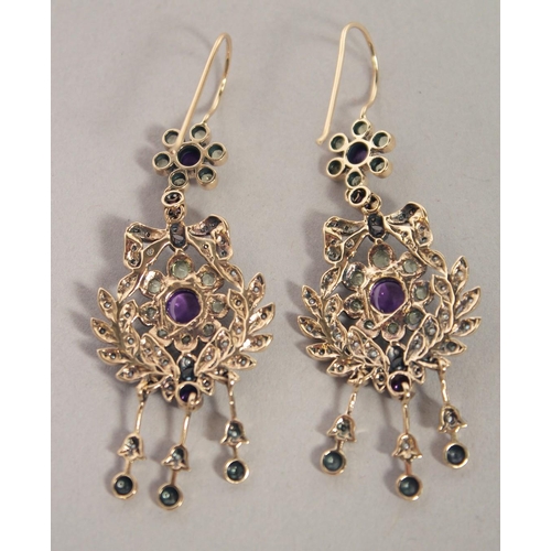 1600 - A GOOD PAIR OF 9CT GOLD AMETHYST, PERIDOT AND PEARL DROP EARRINGS.