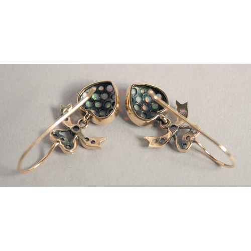 1601 - A PAIR OF GOLD, OPAL HEART SHAPED EARRINGS.