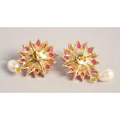 1603 - A PAIR OF SILVER, GOLD PLATED PEARL AND RUBY EARRINGS.