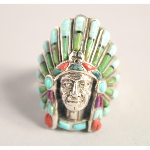 1640 - A SILVER REAL OPAL, CORAL, AND TURQUOISE NATIVE AMERICAN RING.