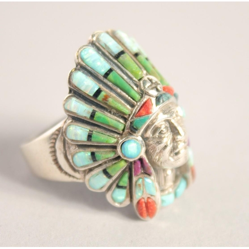 1640 - A SILVER REAL OPAL, CORAL, AND TURQUOISE NATIVE AMERICAN RING.