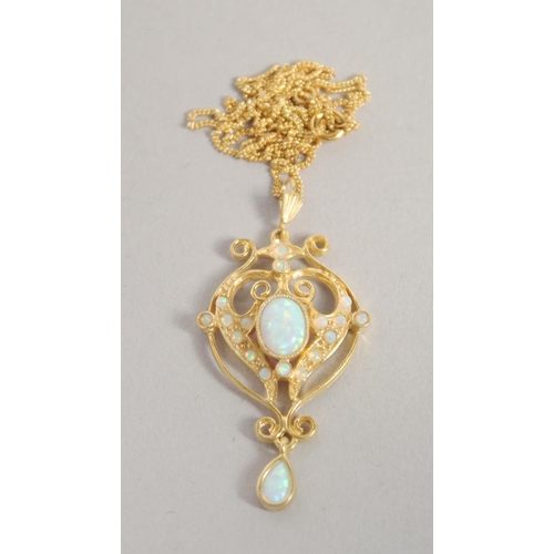 1643 - A GOLD ON SILVER CULTURED OPAL SET, PENDANT AND CHAIN.