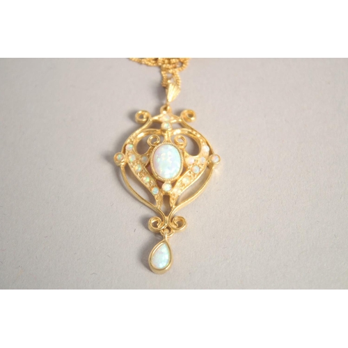 1643 - A GOLD ON SILVER CULTURED OPAL SET, PENDANT AND CHAIN.