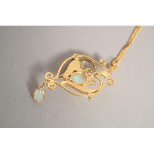 1643 - A GOLD ON SILVER CULTURED OPAL SET, PENDANT AND CHAIN.