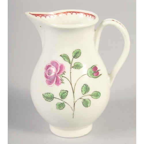 1065 - AN 18TH CENTURY WORCESTER JUG painted with a rose and rose bud with internal line and loop border.