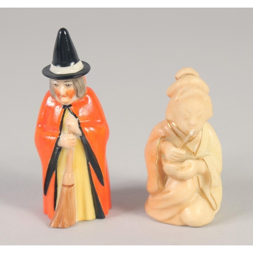 1073 - AN EARLY 20TH CENTURY RARE BLUSH IVORY FIGURE OF THE GEISHA and another of the Witch both pre-1930.