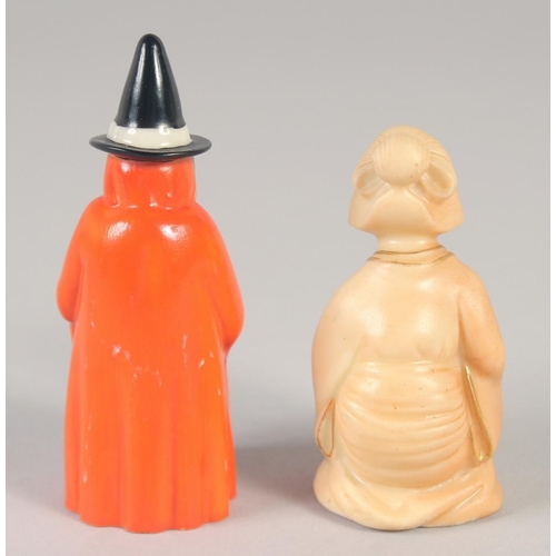 1073 - AN EARLY 20TH CENTURY RARE BLUSH IVORY FIGURE OF THE GEISHA and another of the Witch both pre-1930.