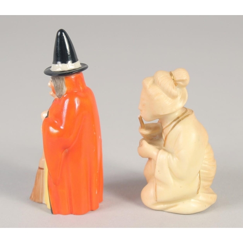 1073 - AN EARLY 20TH CENTURY RARE BLUSH IVORY FIGURE OF THE GEISHA and another of the Witch both pre-1930.