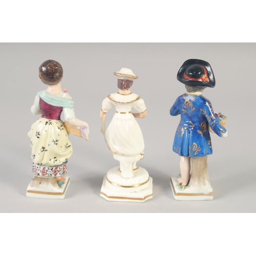 1095 - A 19TH CENTURY STAFFORDSHIRE PORCELAIN FIGURE OF A GIRL wearing a hat. and A PAIR OF CONTINENTAL FIG... 