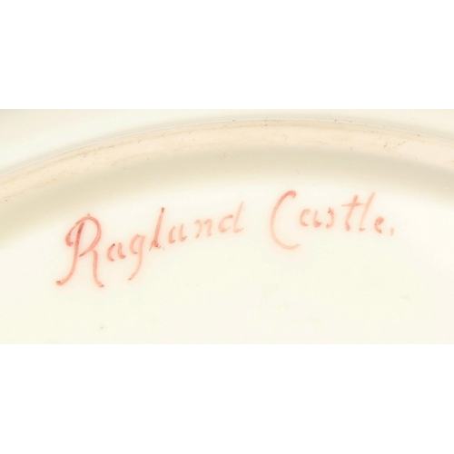 1102 - A ROYAL WORCESTER PLATE painted with view of Ragland Castle by GEORGE JOHNSON, signed, date mark 191... 