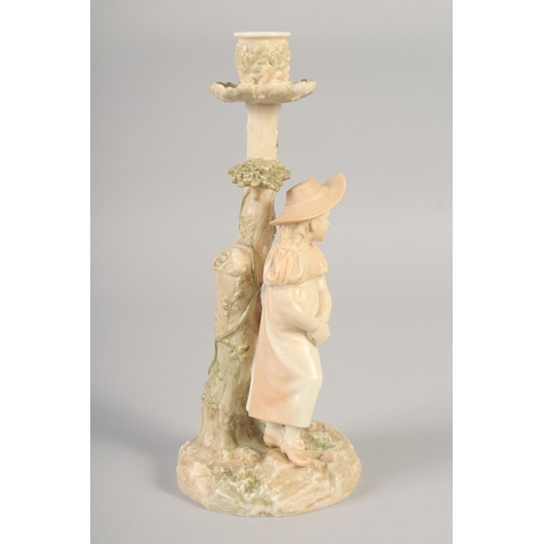 1103 - A LATE 19TH CENTURY ROYAL WORCESTER HADLEY STYLE BLUSH IVORY CANDLESTICK FIGURE OF A GIRL, impressed... 