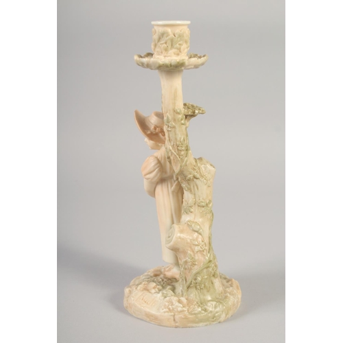 1103 - A LATE 19TH CENTURY ROYAL WORCESTER HADLEY STYLE BLUSH IVORY CANDLESTICK FIGURE OF A GIRL, impressed... 