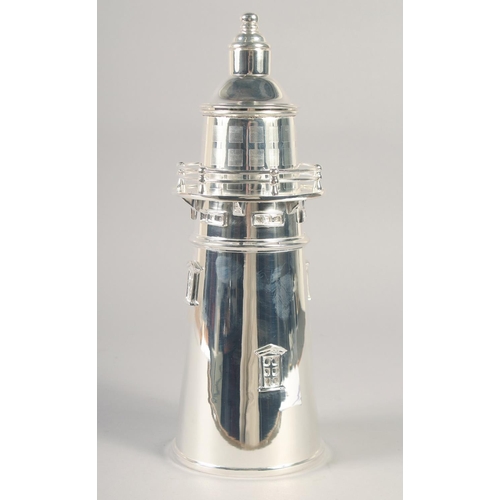 1675 - A SILVER PLATED LIGHTHOUSE COCKTAIL SHAKER. 13ins high.