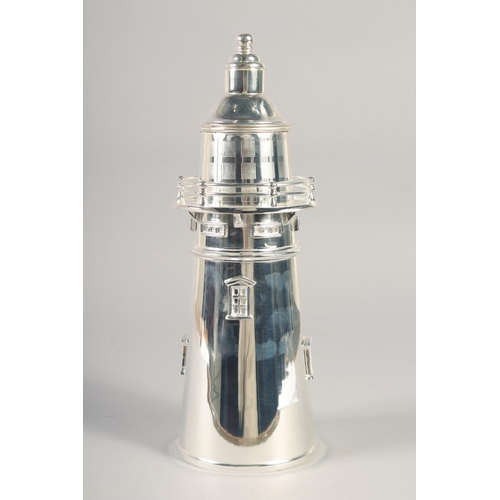 1675 - A SILVER PLATED LIGHTHOUSE COCKTAIL SHAKER. 13ins high.