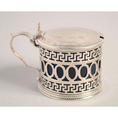 1696 - A VICTORIAN CIRCULAR PIERCED MUSTARD POT AND COVER with handles and sapphire blue liner. Birmingham ... 